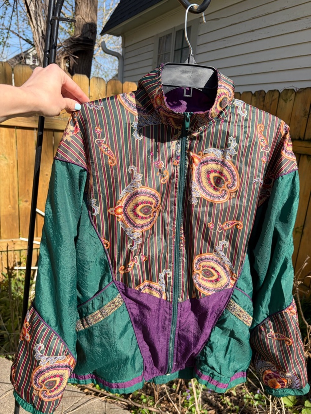 VTG Women's Paisley-Panel Bomber Jacket in Teal & Purple